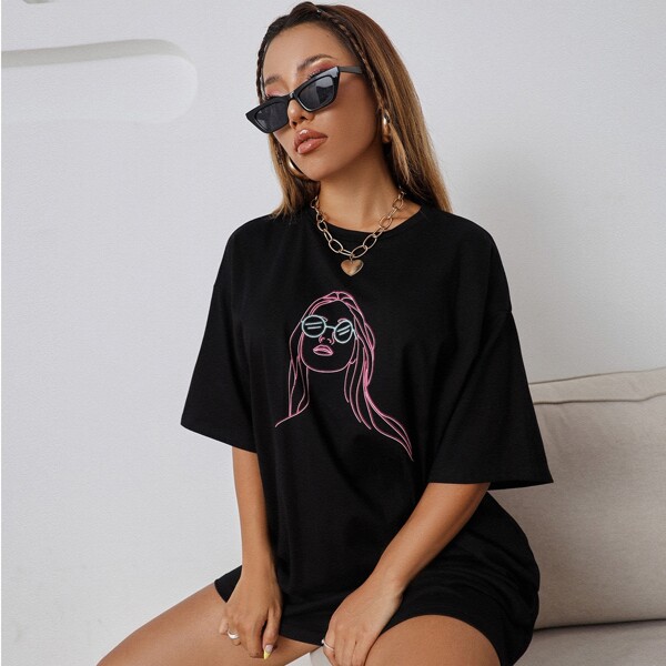 

Face Line Art Print Drop Shoulder Tee Dress, Black