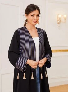 Al Najma Tassel Trim Open Front Abaya - Black - View 5