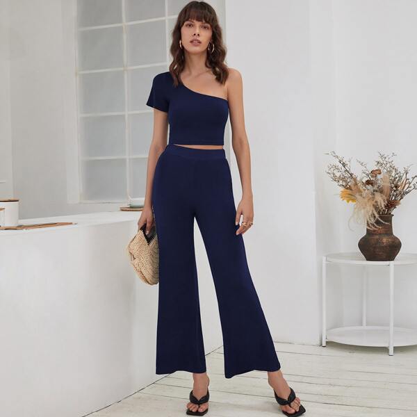 

One Shoulder Solid Top & Pants Set, Navy blue