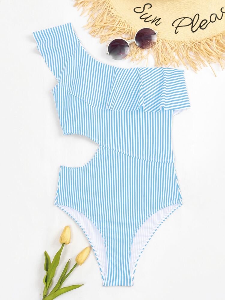 Striped Ruffle One Shoulder One Piece Swimsuit - Blue and White - View 4