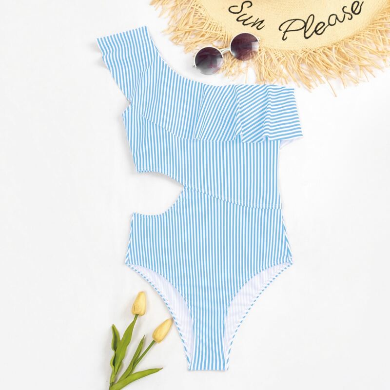 

Striped Ruffle One Shoulder One Piece Swimsuit, Blue and white
