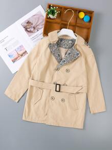 女孩佩斯利雙排釦腰帶風衣外套