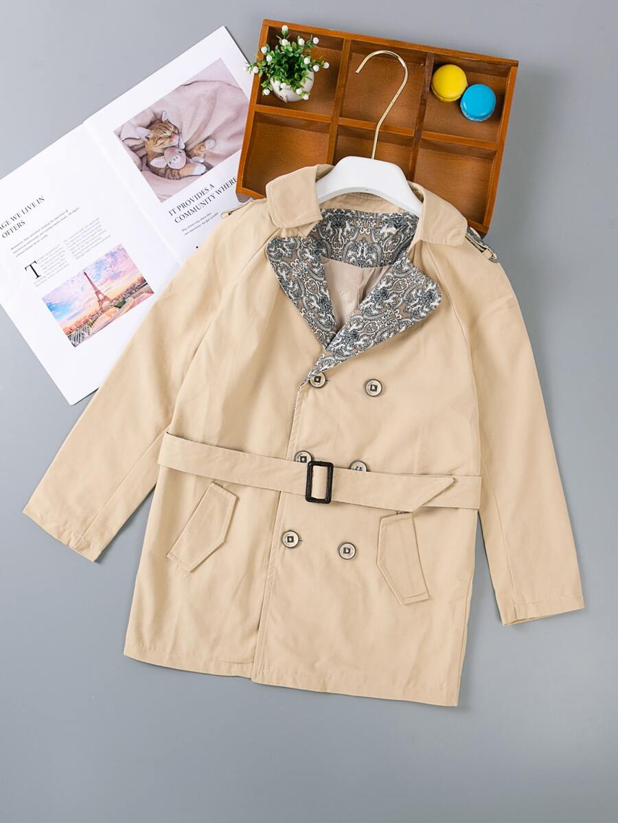 女孩佩斯利雙排釦腰帶風衣外套