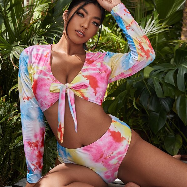 

Plus Tie Dye Knot Front Bikini Swimsuit, Multicolor