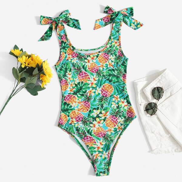 

Tie Shoulder Pineapple Print Bodysuit, Multicolor