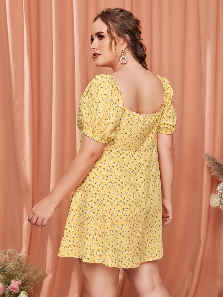 SHEIN Plus Sweetheart Neck Ditsy Floral Dress - Yellow - View 3