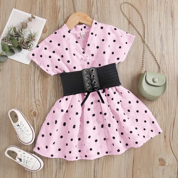 

Toddler Girls Polka Dot Corset Button Front Dress, Pink