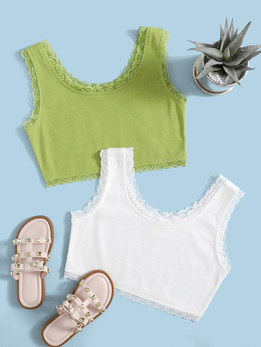 SHEIN Girls 2pcs Lace Trim Tank Top - Multicolor - View 1