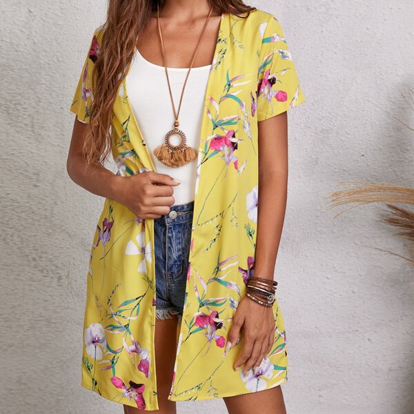 

Floral Print Open Front Kimono, Yellow