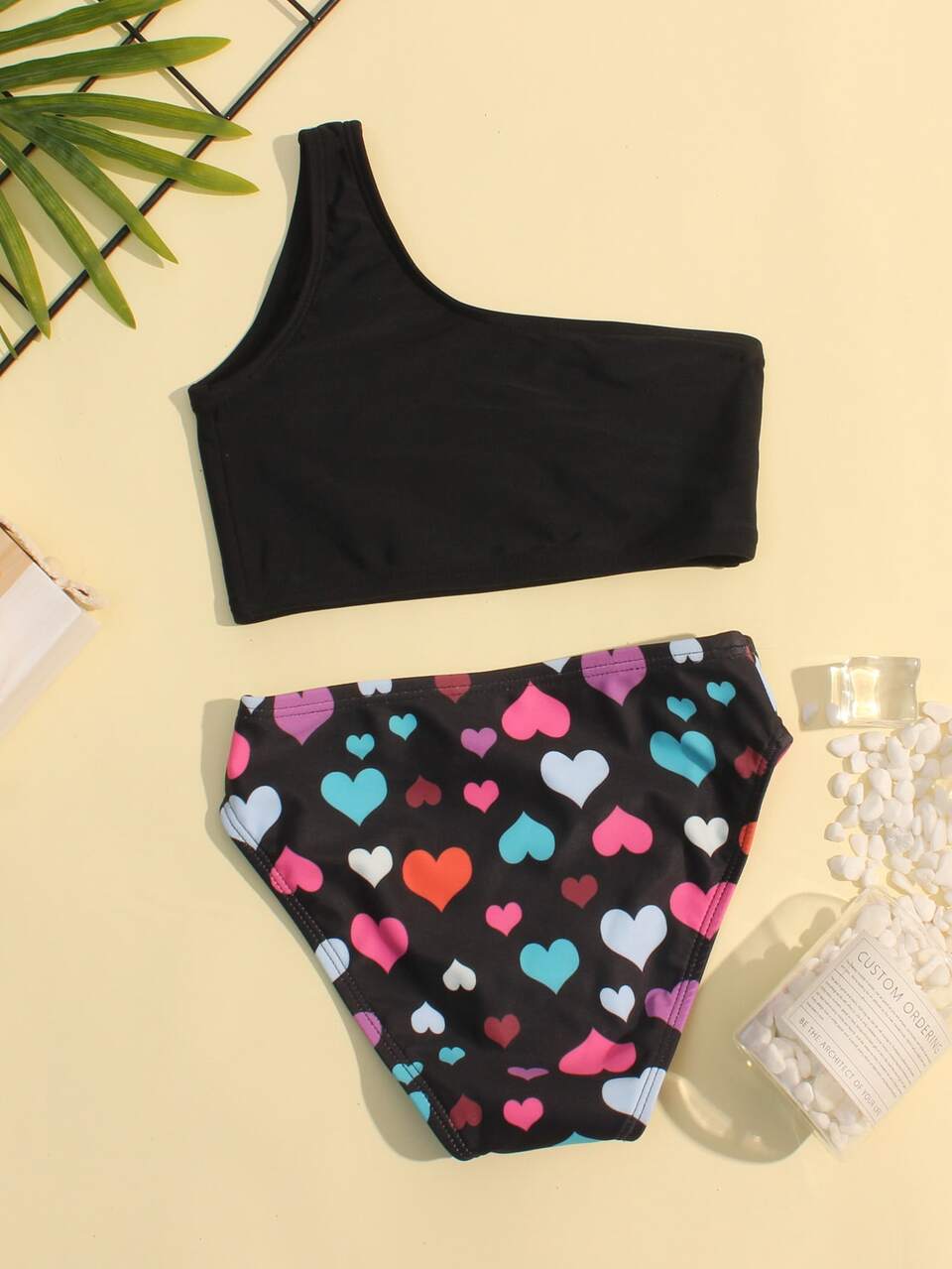 Young Girl Heart Print One Shoulder Bikini Set Summer Beach