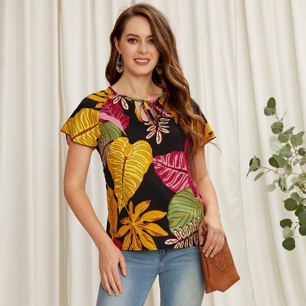 

Plants Print Tie Neck Raglan Sleeve Blouse, Multicolor