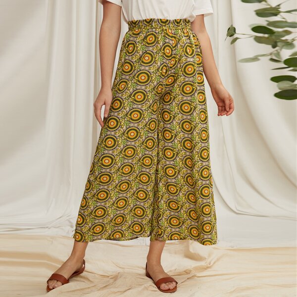 

Allover Print Wide Leg Pants, Olive green