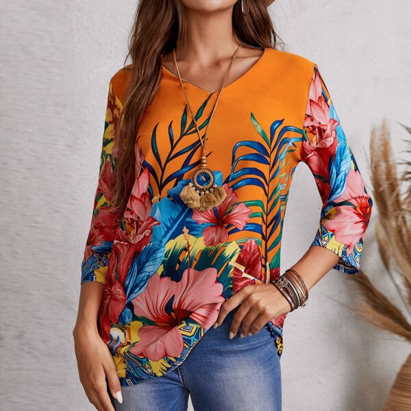 

Floral & Leaf V Neck Blouse, Multicolor