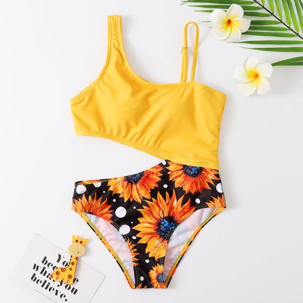 

Girls Sunflower Print Cut-out One Piece Swimsuit, Yellow