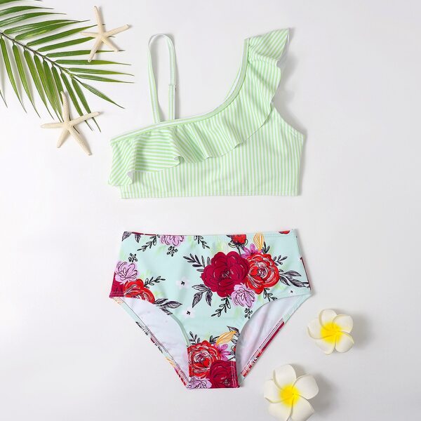 

Girls Floral & Striped Ruffle Bikini Swimsuit, Multicolor