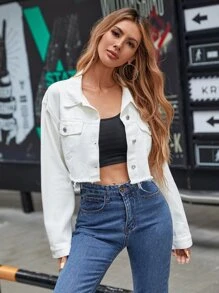 Drop Shoulder Raw Hem Denim Jacket - White - View 1