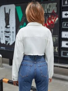 Drop Shoulder Raw Hem Denim Jacket - White - View 2