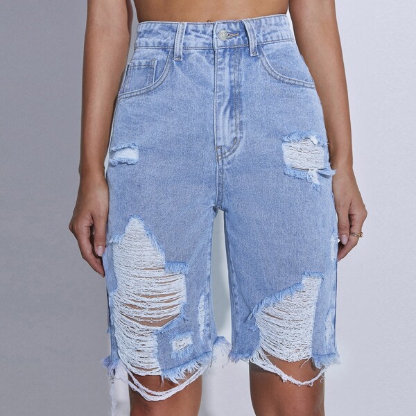 

Ripped Detail Bermuda Denim Shorts, Light wash