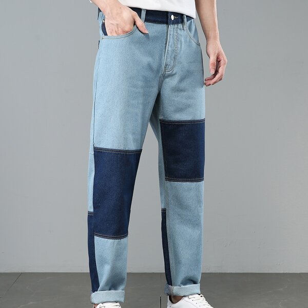 

Men Contrast Panel Washed Jeans, Blue