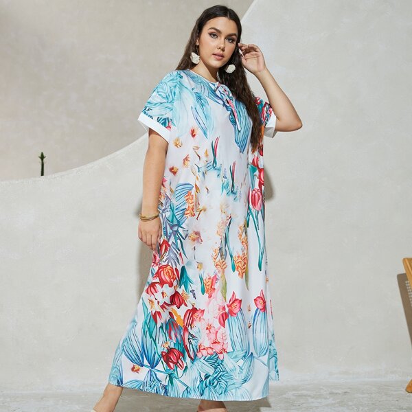 

Plus Floral Print Tie Neck Tunic Dress, Multicolor