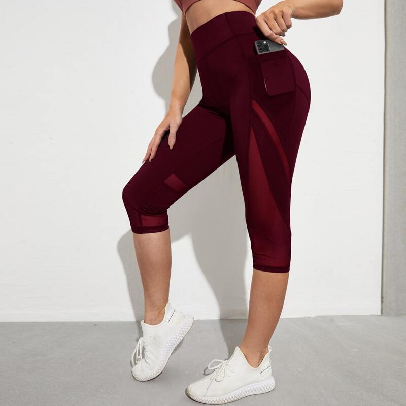 

Contrast Mesh Capri Sports Leggings With Phone Pocket, Burgundy