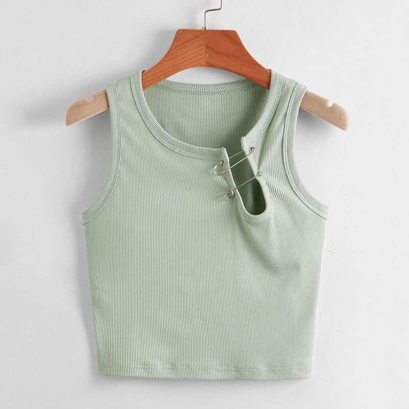 

Solid Paper Clip Decor Ribbed Tank Top, Mint green