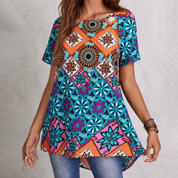 

Floral And Geo Print High Low Blouse, Multicolor