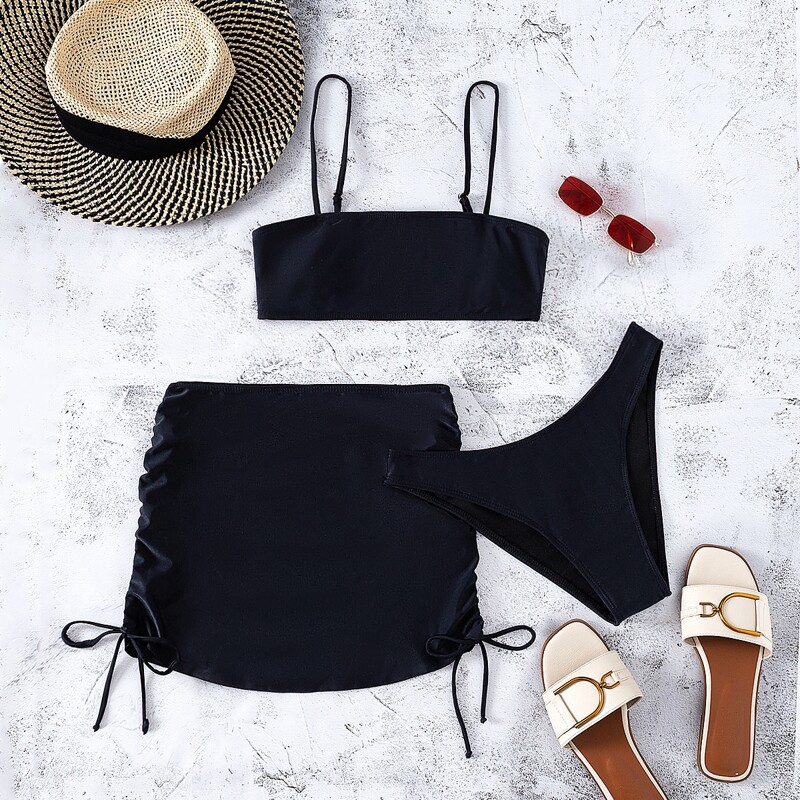 

3pack Solid Bikini Swimsuit & Drawstring Cover Up, Black