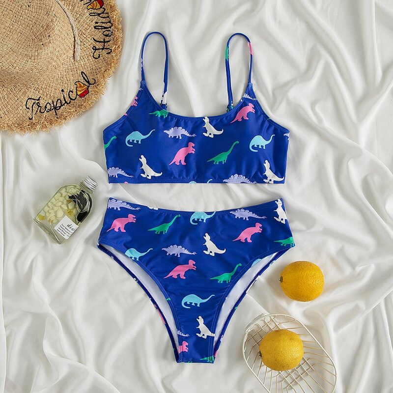 

Cartoon Dinosaur High Waisted Bikini Swimsuit, Royal blue
