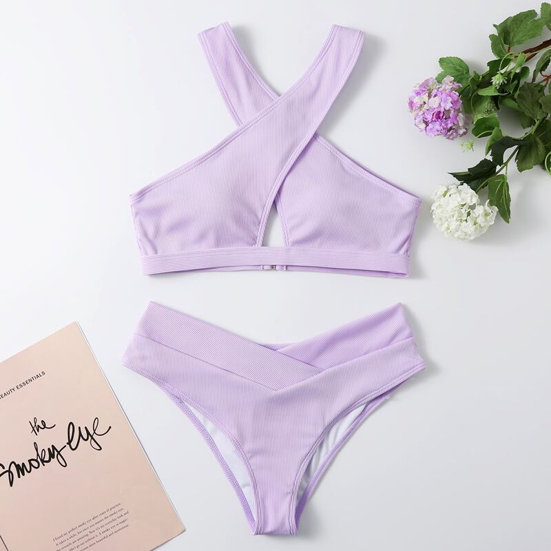

Ribbed Criss Cross Bikini Swimsuit, Lilac purple