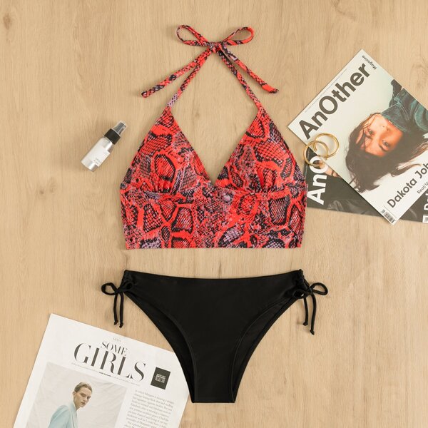

Snakeskin Print Halter Tie Side Bikini Swimsuit, Multicolor