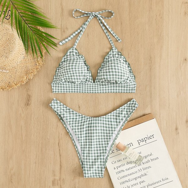 

Gingham Lettuce Trim Halter Bikini Swimsuit, Multicolor