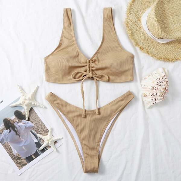 

Rib Drawstring Bikini Swimsuit, Khaki