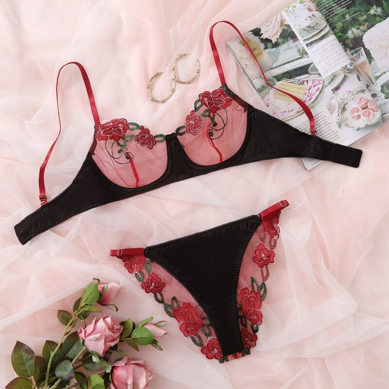

Floral Embroidered Mesh Underwire Lingerie Set, Multicolor