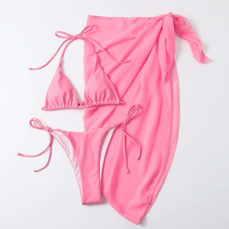 

3pack Triangle Thong Bikini Swimsuit & Beach Skirt, Pink