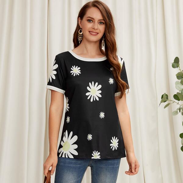 

Floral Print Binding Tee, Black