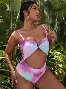 SHEIN Swim Curve Plus Tie Dye Cut-out Ring Linked One Piece Swimsuit - Multicolor - View 1