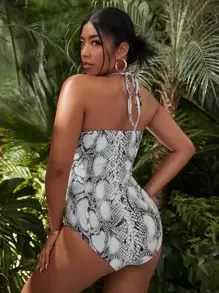 SHEIN Swim Curve 夏季大码蛇皮印花镂空连体泳衣 - 黑與白 - 查看 2