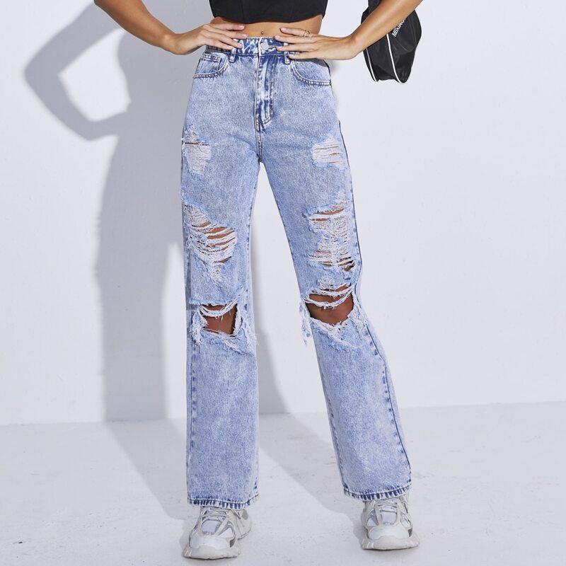 

High Waist Ripped Detail Jeans, Light wash