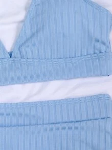 SHEIN Swim Rib High Waisted Bikini Set For Summer Beach Vacation - Blue - View 3