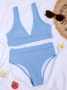 SHEIN Swim Rib High Waisted Bikini Set For Summer Beach Vacation - Blue - View 4