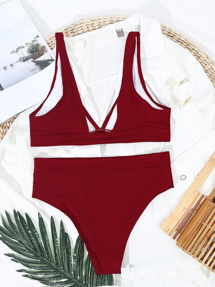 Conjunto de Bikini de cintura alta com rib para férias de verão na praia - Vinho - Visão 2