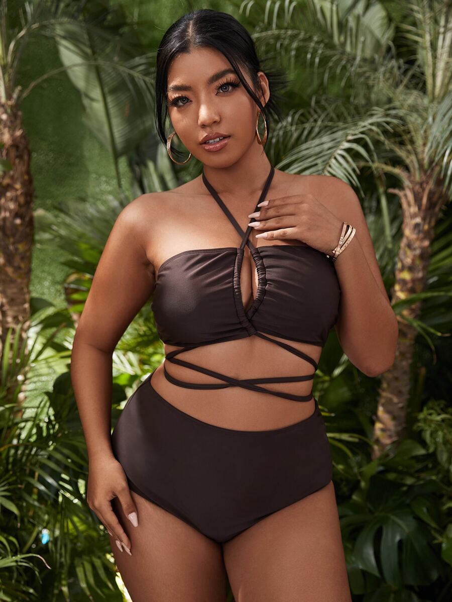 Plus Size Lace Up Bikini Set Summer Beach - Chocolate Brown - View 1