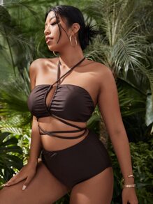Plus Size Lace Up Bikini Set Summer Beach - Chocolate Brown - View 4
