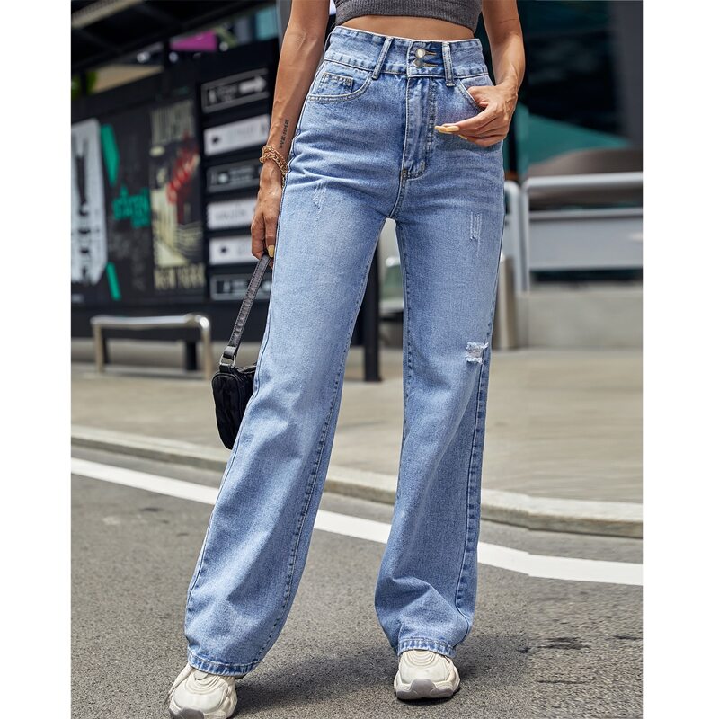 

High Waist Ripped Detail Jeans, Light wash