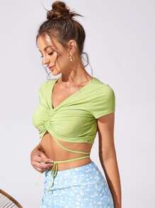 抽繩抽褶繫帶T恤 - 薄荷綠 - 查看 4