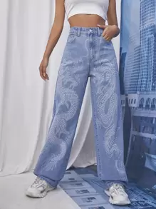 SHEIN EZwear Chinese Dragon Print Jeans - Medium Wash - View 3