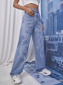 SHEIN EZwear Chinese Dragon Print Jeans - Medium Wash - View 4