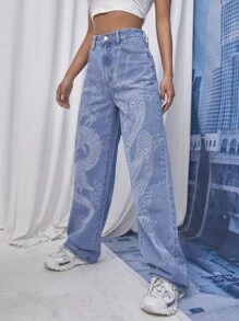 SHEIN EZwear Chinese Dragon Print Jeans - Medium Wash - View 5
