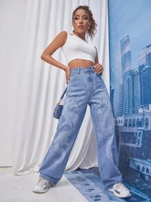 SHEIN EZwear Chinese Dragon Print Jeans - Medium Wash - View 6